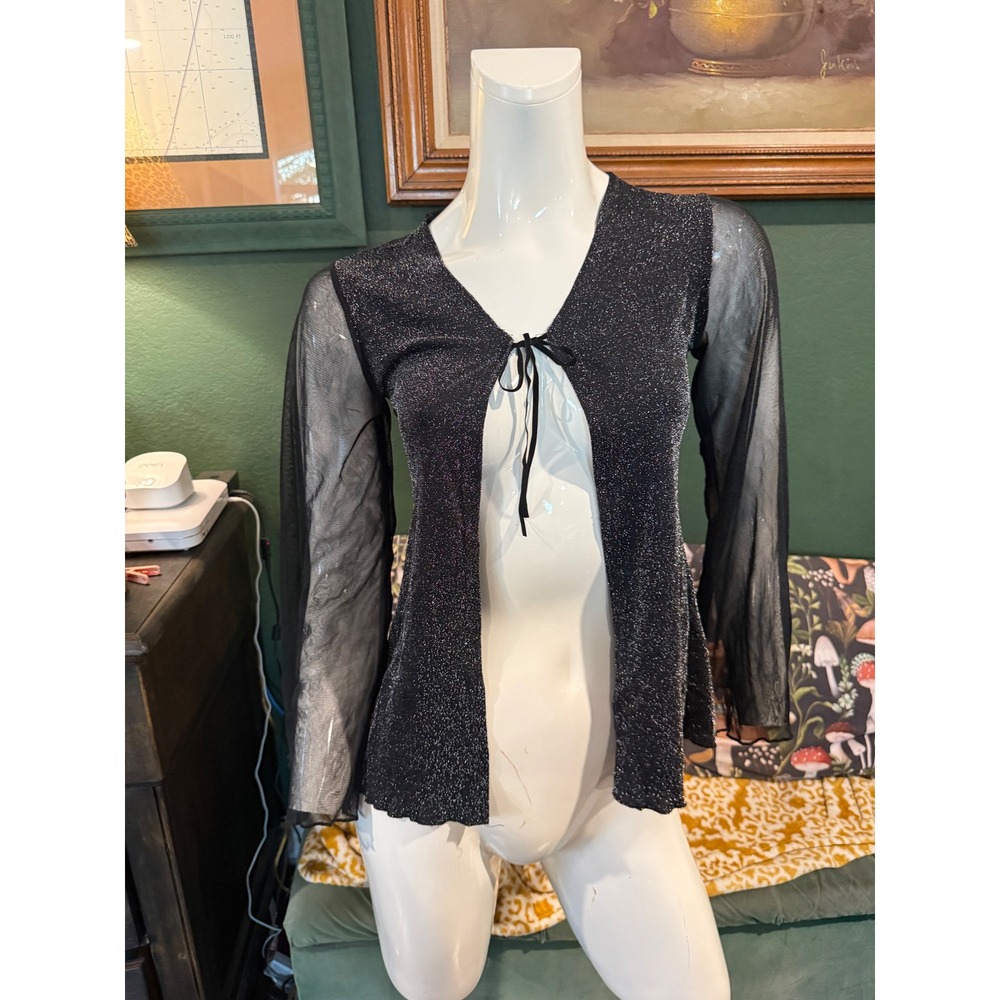 Made in‎ France Millenium Paris Black Metallic Glitter Cardigan Mesh Bell Sleeve